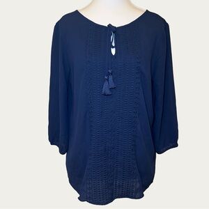Banana Republic Women’s Navy Blue Blouse With Tassel Accent Puff Sleeve Size XS‎